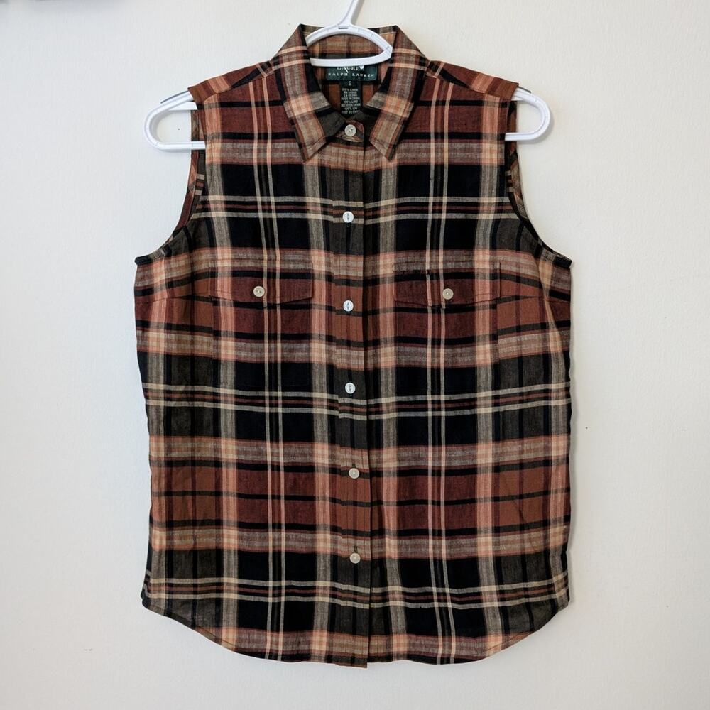 LRL Lauren Ralph Lauren plaid 100% linen vintage sleeveless button up shirt